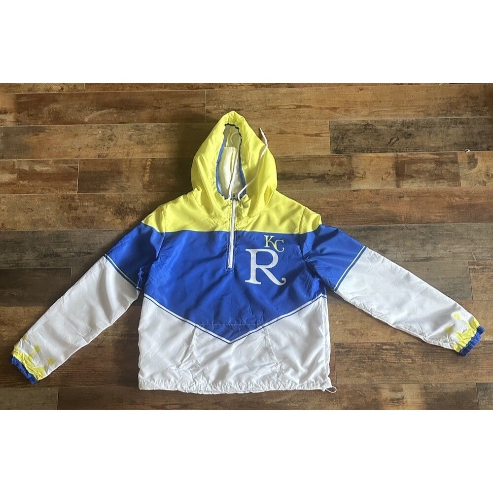 KC Royals WIndbreaker Adult Medium Hooded 1/4 Zip Drawstring Pockets Lightweight